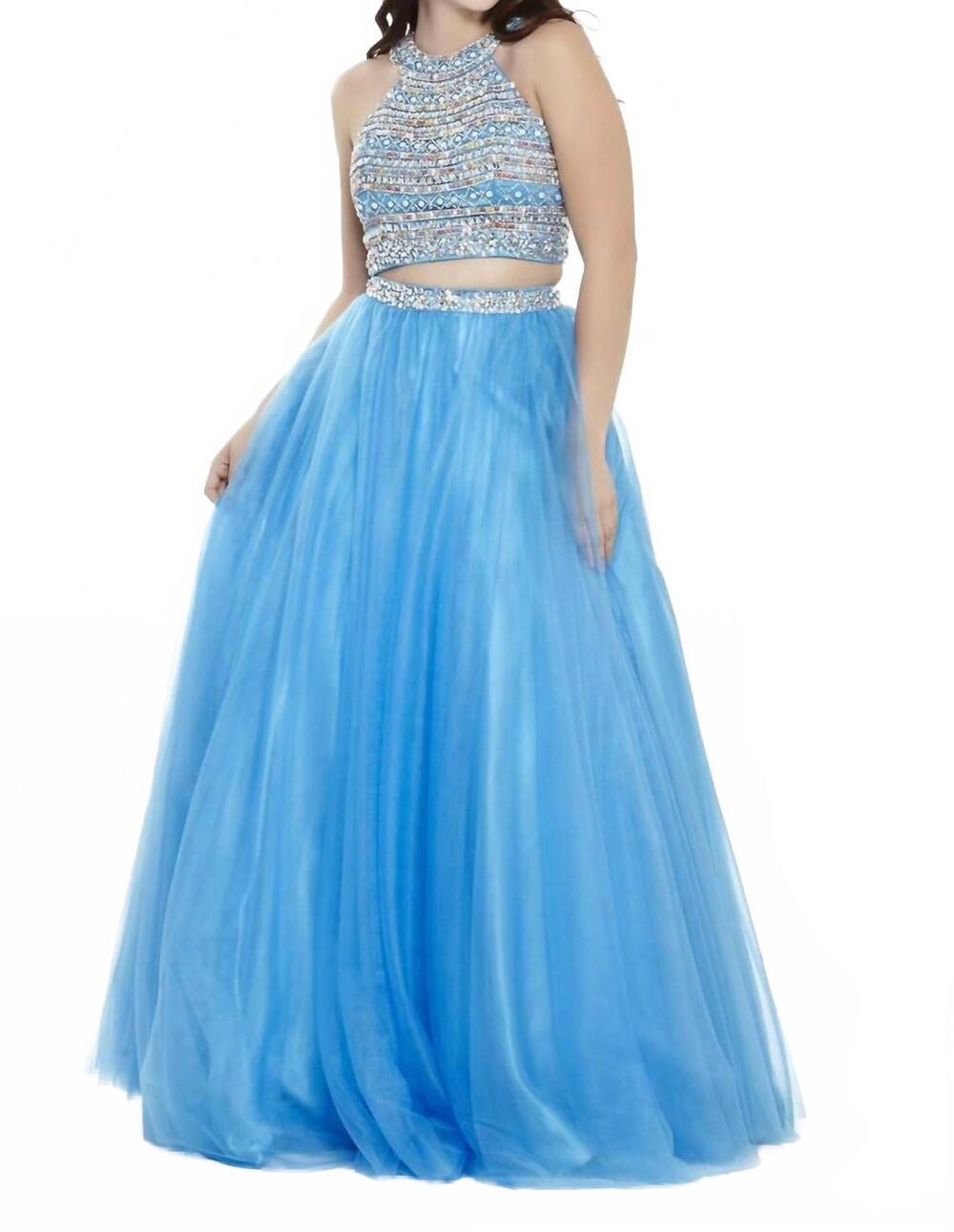 NEW JOSH & JAZZ beaded halter tulle prom dress in ocean